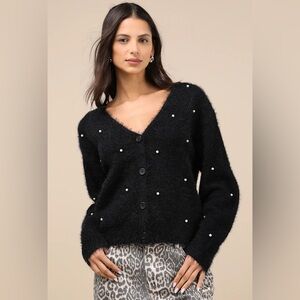 Lulus Chic Comforts Black Eyelash Knit Pearl Cardigan Embellished Medium NWT